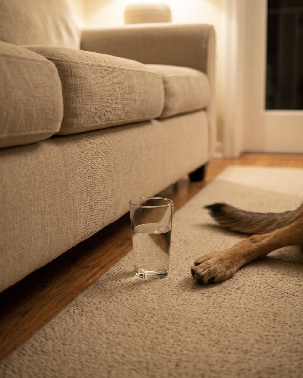 A glass on the rug by your feet, in the path of the dog.